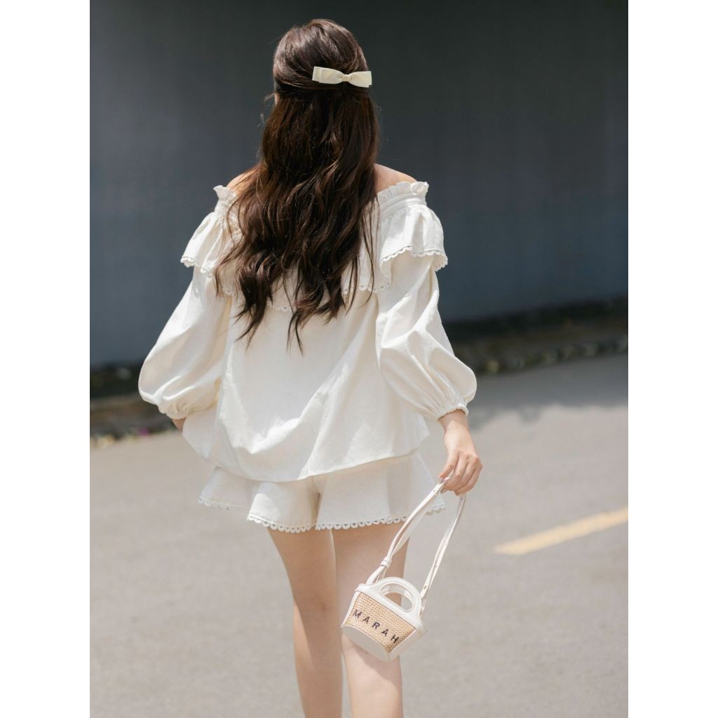 UPTO60% + VC60K || JOVEN Set Linen Áo Trễ Vai Tay Phồng Phối Quần Ngắn Trẻ Trung Nữ Tính