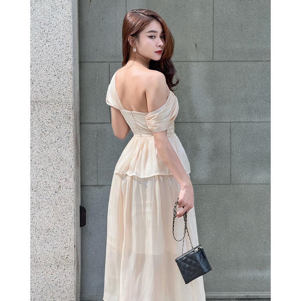 UPTO50% + VC60K || Đầm midi peplum lệch vai kem Joven chất lụa sang chảnh