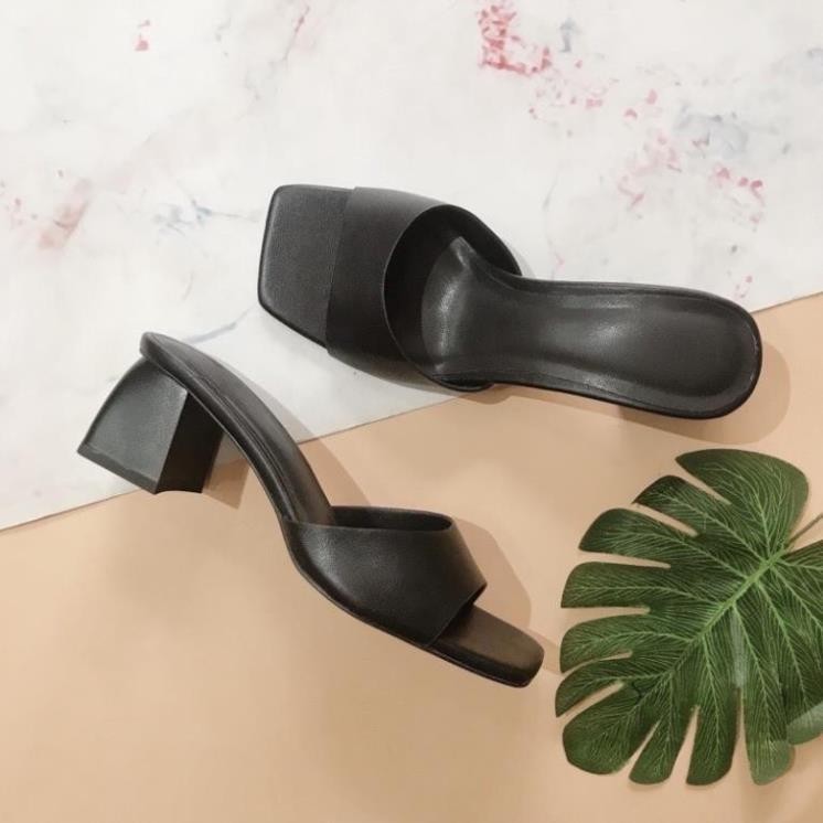 Guốc nữ - Dép nữ cao gót vuông đen 5p quai bản màu - G56