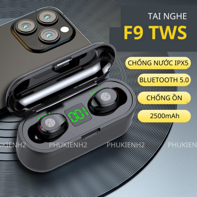 Tai nghe bluetooth F9 TWS 5.0 bản Quốc tế không dây cảm ứng chống nước IPX5, chống ồn tích hợp sạc dự phòng 2500mAh HOT