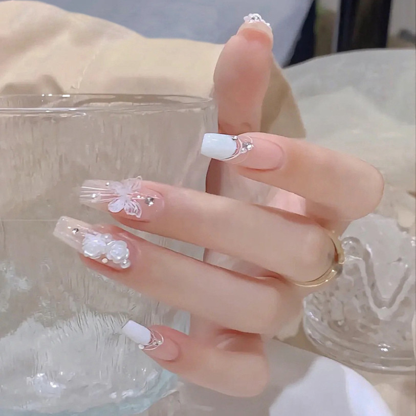 Móng tay giả đính đá kèo keo, Nail xinh, Nailbox cô dâu màu trắng hồng, Móng tay giả dài nhọn đẹp