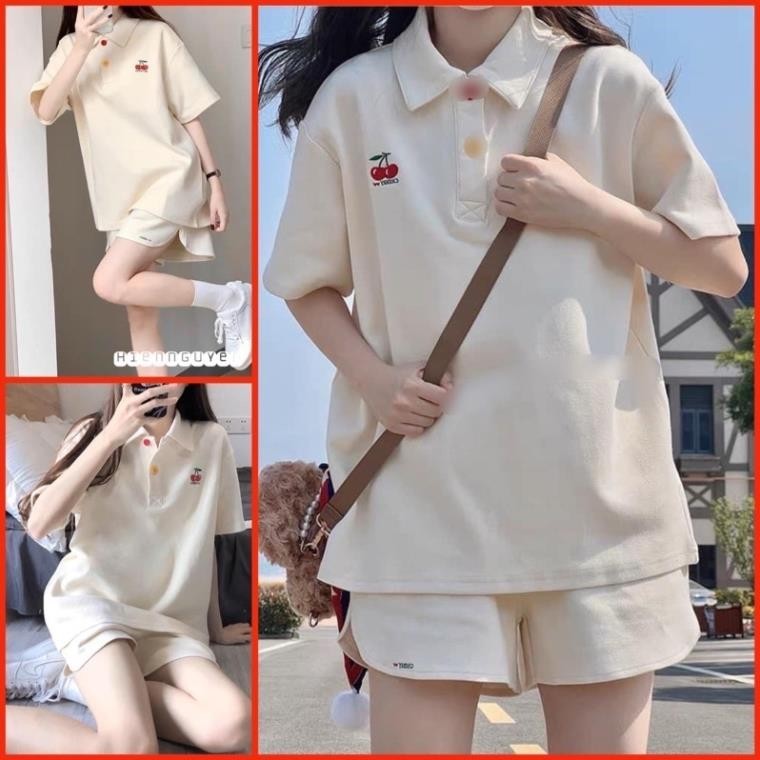 Bộ thun polo Cherry nữ cotton dày form rộng áo kiểu mix quần sooc AO10