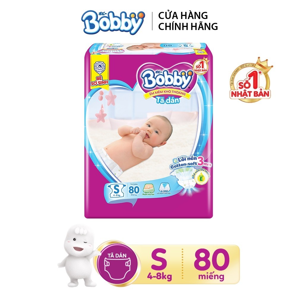 [Chỉ 15.01 - Nhập mã MSTRA0336 giảm 10%] Tã dán Bobby siêu thấm - khô thoáng S80