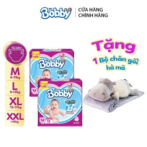 [Tặng bộ chăn gối hà mã] Combo 2 Tã dán Bobby Siêu thoáng đủ size M76/L68/XL62/XXL56