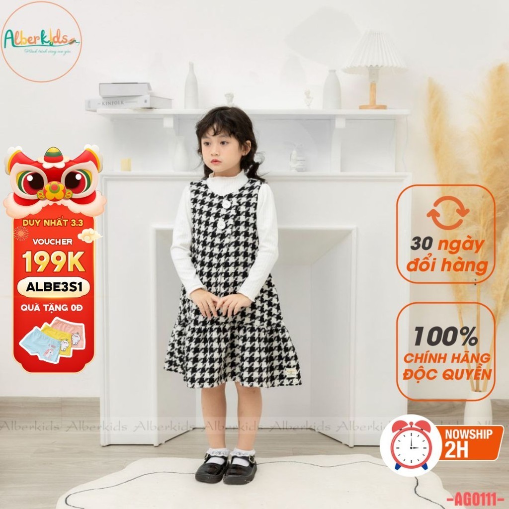 Váy bé gái thu đông ALBERKIDS dạ tweed  kẻ ziczac công chúa  xinh đẹp cho trẻ em 2,3,4,5,6,7,8,9,10,11,12 tuổi AG0111