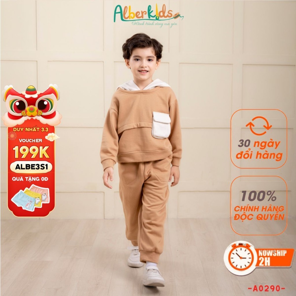 Bộ đồ nỉ bé trai ALBERKIDS 2 màu sắc phối túi mũ trắng kem cho trẻ em 2,3,4,5,6,7,8,9,10,11,12 tuổi A0290