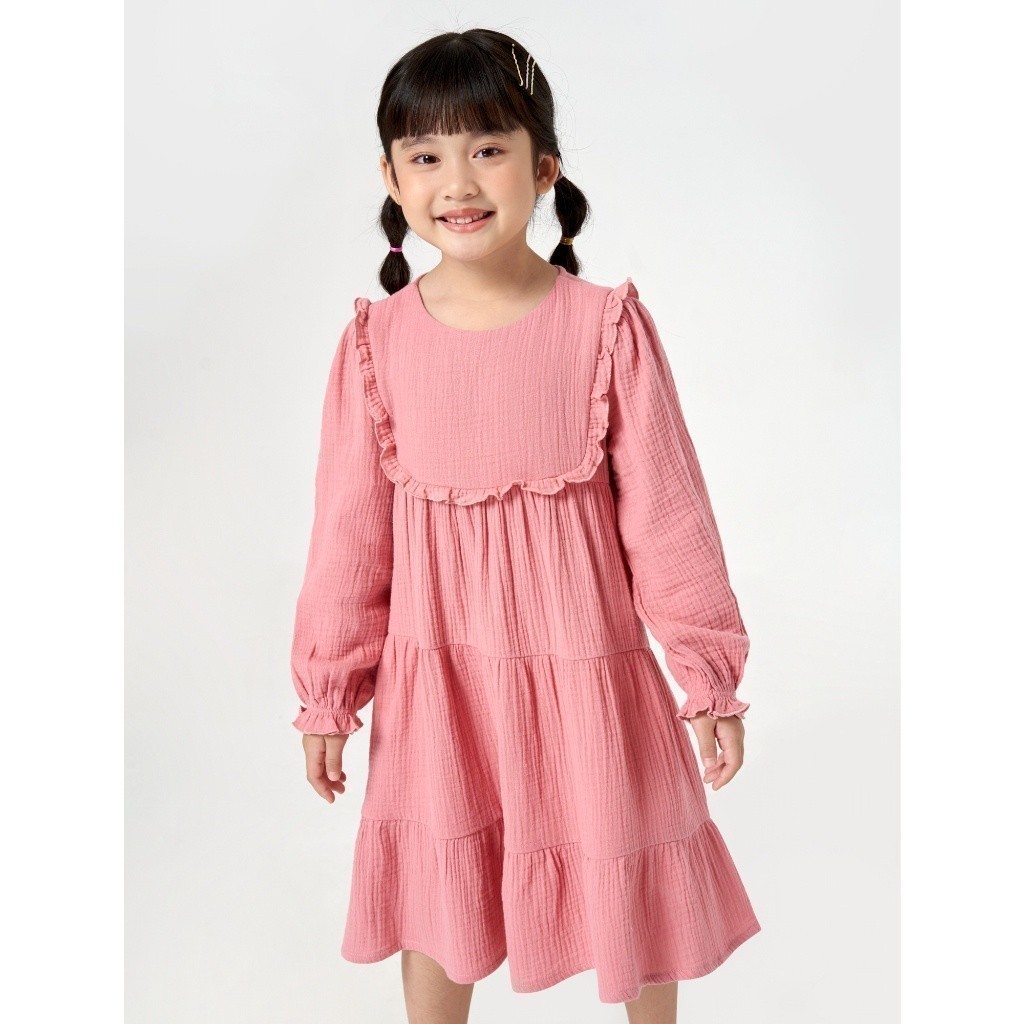 Váy liền bé gái CANIFA đầm babydoll cổ tròn nhún bèo thân trên 1DS22C018