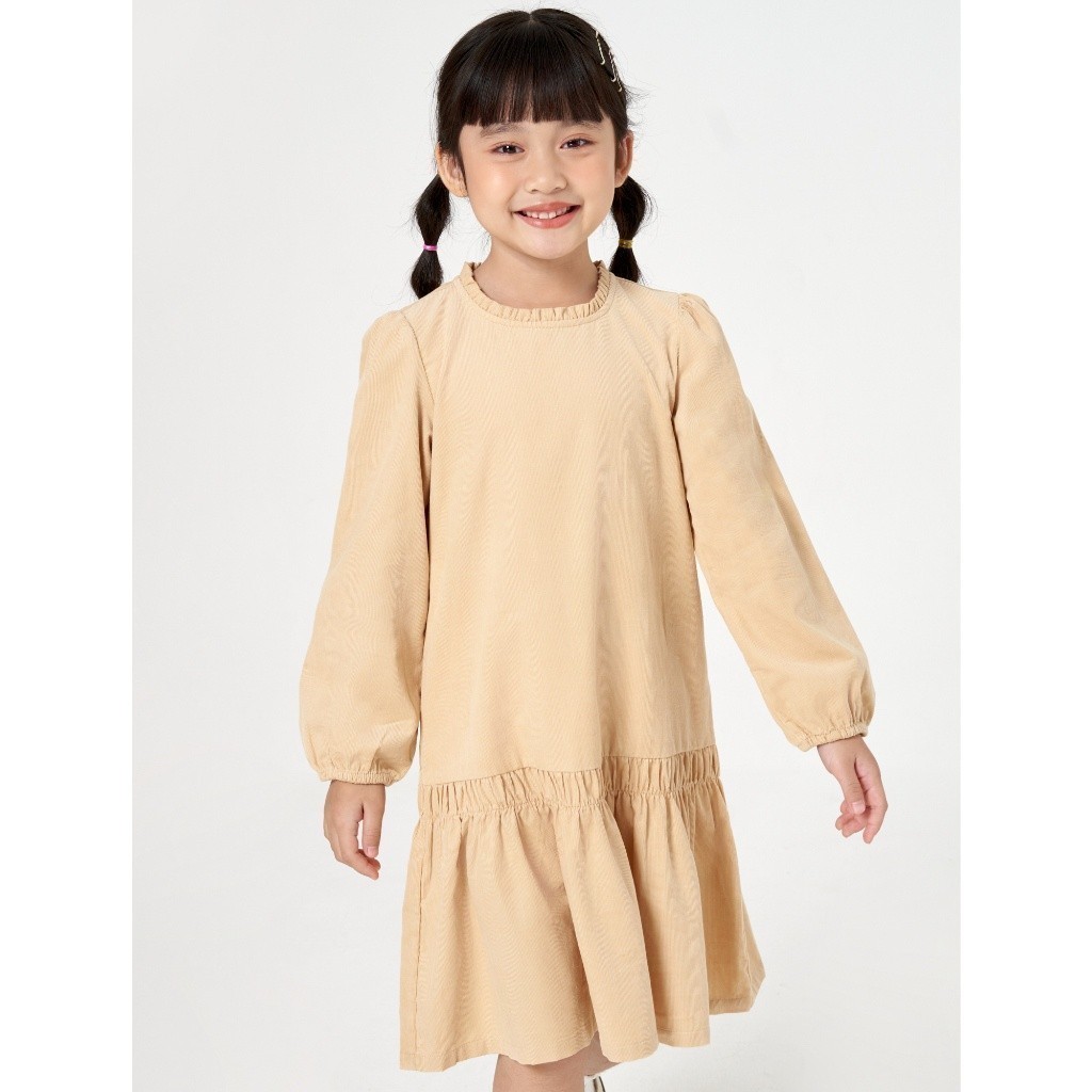 Váy liền dài tay bé gái CANIFA chất liệu 100% cotton, cổ dúm bèo, dáng suông1DS22W036