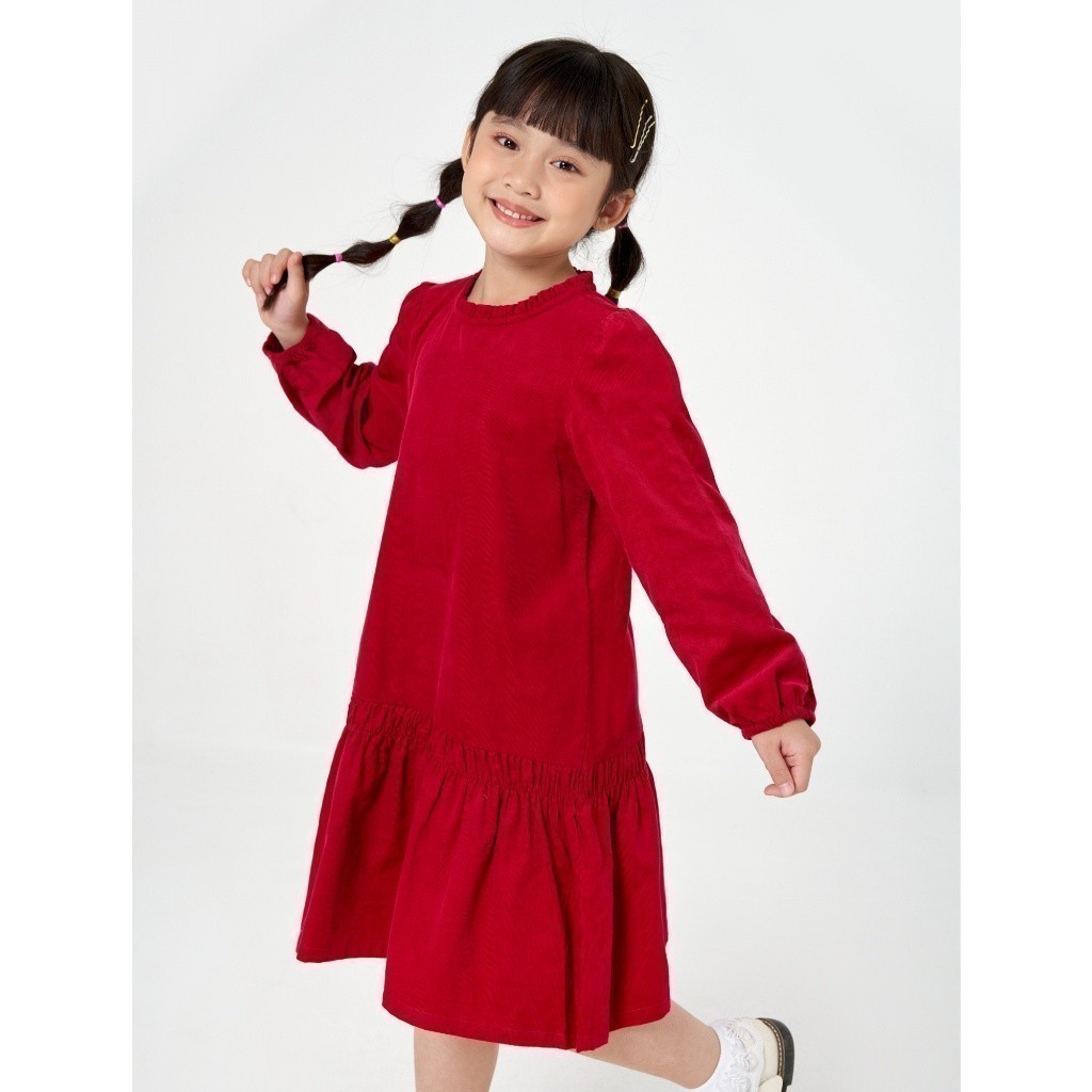 Váy liền dài tay bé gái CANIFA chất liệu 100% cotton, cổ dúm bèo, dáng suông1DS22W036