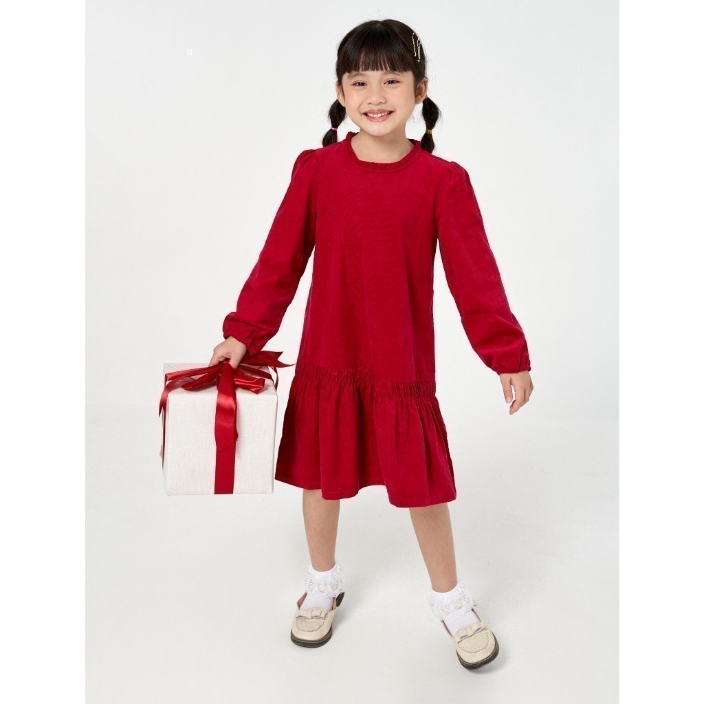 Váy liền dài tay bé gái CANIFA chất liệu 100% cotton, cổ dúm bèo, dáng suông1DS22W036