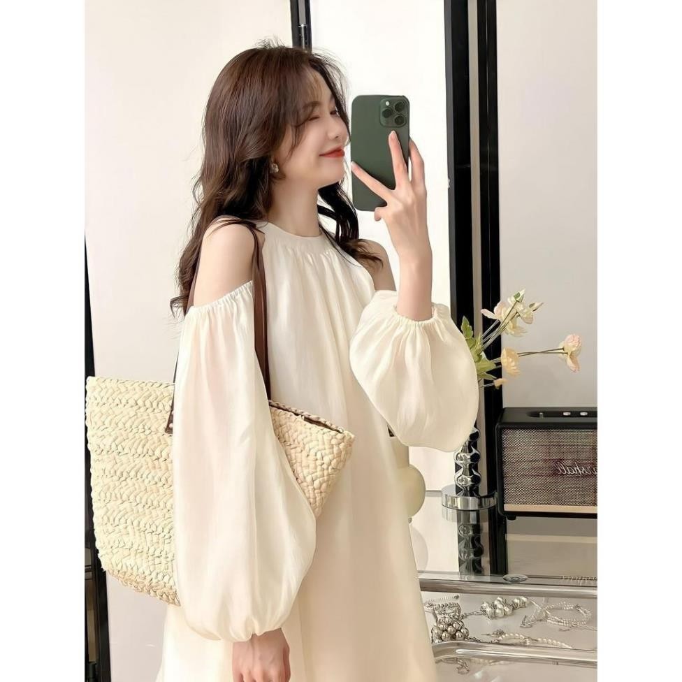 XINH Đầm Trắng Nữ Hở Vai Tay Bo 2 Lớp 🦋 Váy Nữ Cổ Yếm Dài Tay Dáng Ngắn Chất Voan 🦋 VA11 XINH