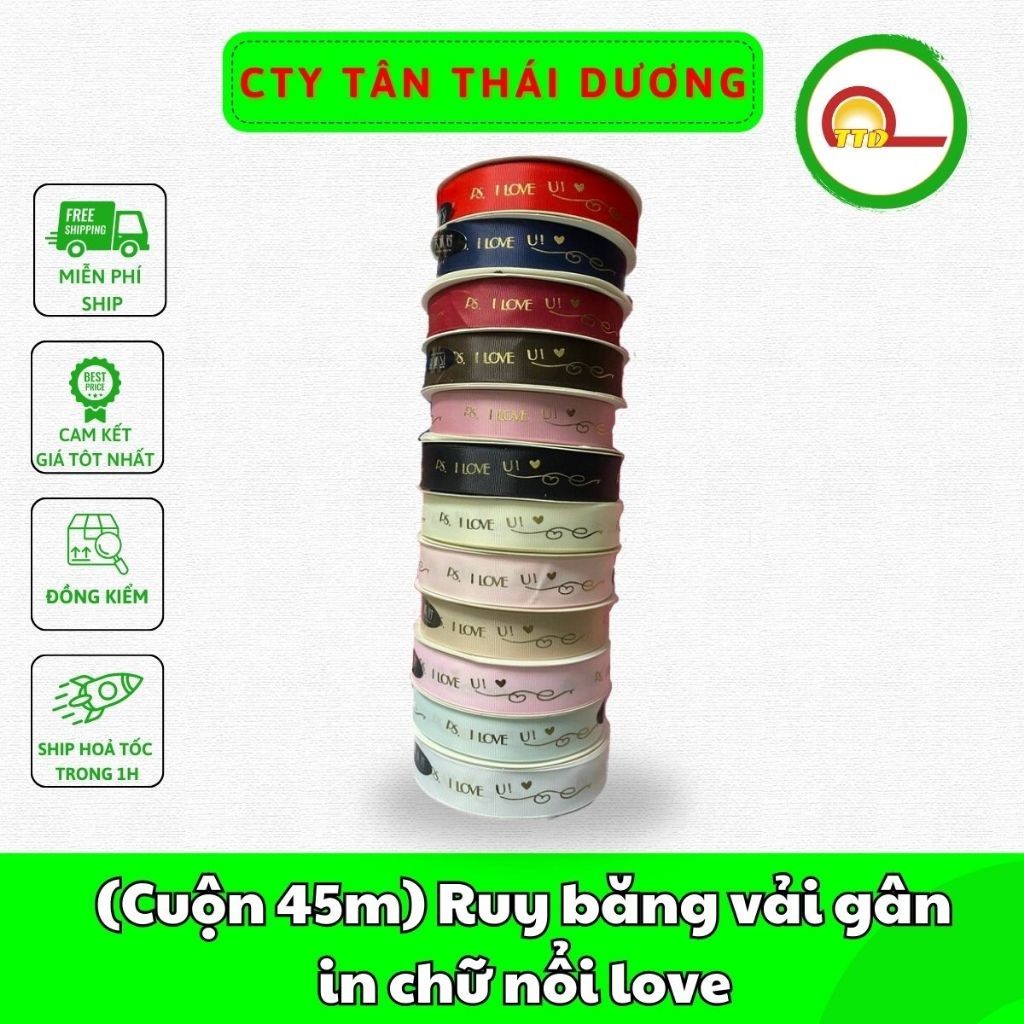 (Cuộn 45m) Ruy băng vải gân in chữ nổi love bản 2,5cm*45m