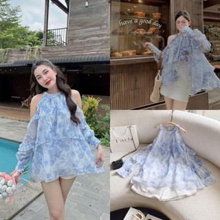 Set áo xanh khoét vai + short