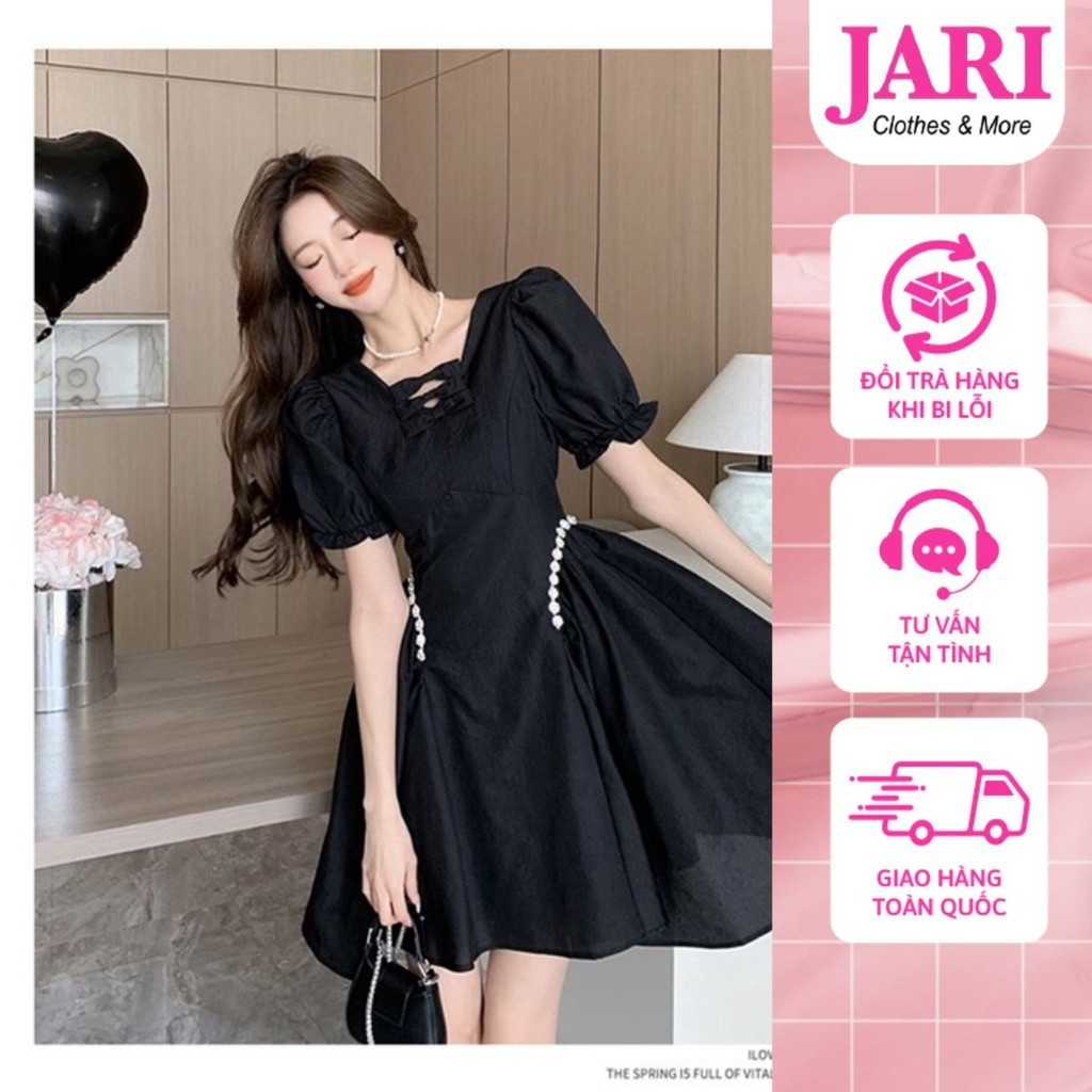 Đầm dự tiệc nữ tay ngắn phồng cổ vuông phối nơ thiết kế đính ngọc sườn trắng đen sang trọng - JARI SHOP