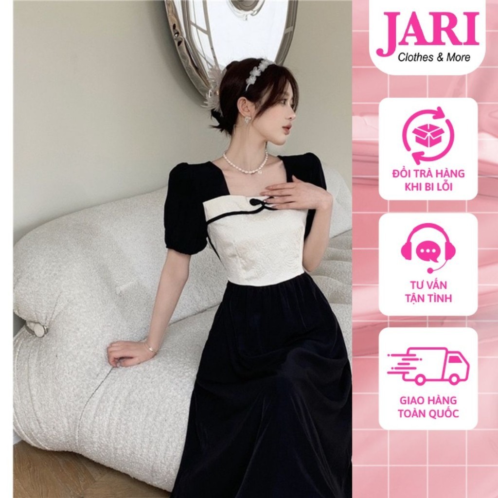 Đầm dự tiệc nữ thiết kế tay ngắn phồng, cổ vuông, dáng dài xòe thanh lịch nhẹ nhàng - JARI SHOP