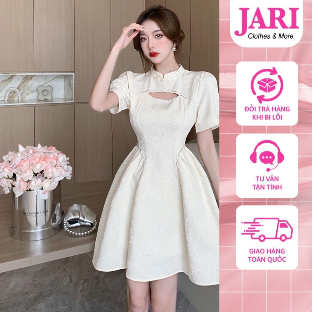 Váy gấm cổ tàu thiết kế khoét JARI SHOP tạo điểm nhấn đi dự tiệc sang trọng cho nữ