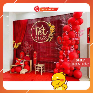 Dịch vụ decor tết 2025 Phông nền mành tre đỏ Tặng Cây Trúc trang trí Tết văn phòng, quán cafe. Mành tre trang trí Tết