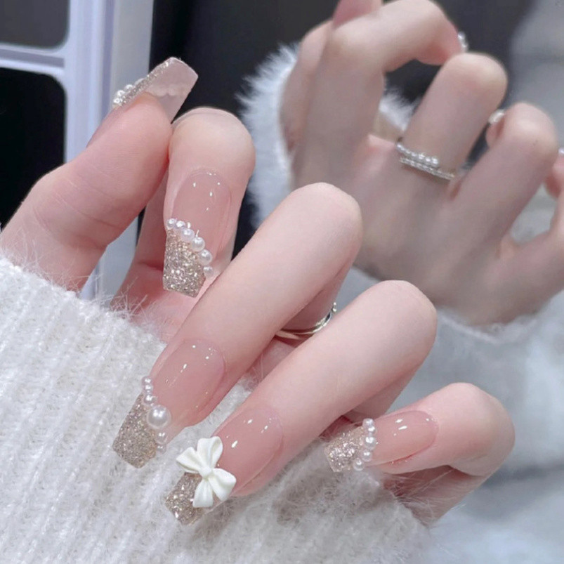 Móng tay giả đính đá kèo keo, Nail xinh, Nailbox cô dâu màu trắng hồng, Móng tay giả dài nhọn đẹp