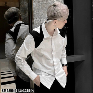 Áo Sơ Mi Dài Tay Phối Vạt Vai Đen phong cách Hàn Quốc cực đẹp, form slim fit lên dáng cực chất N98