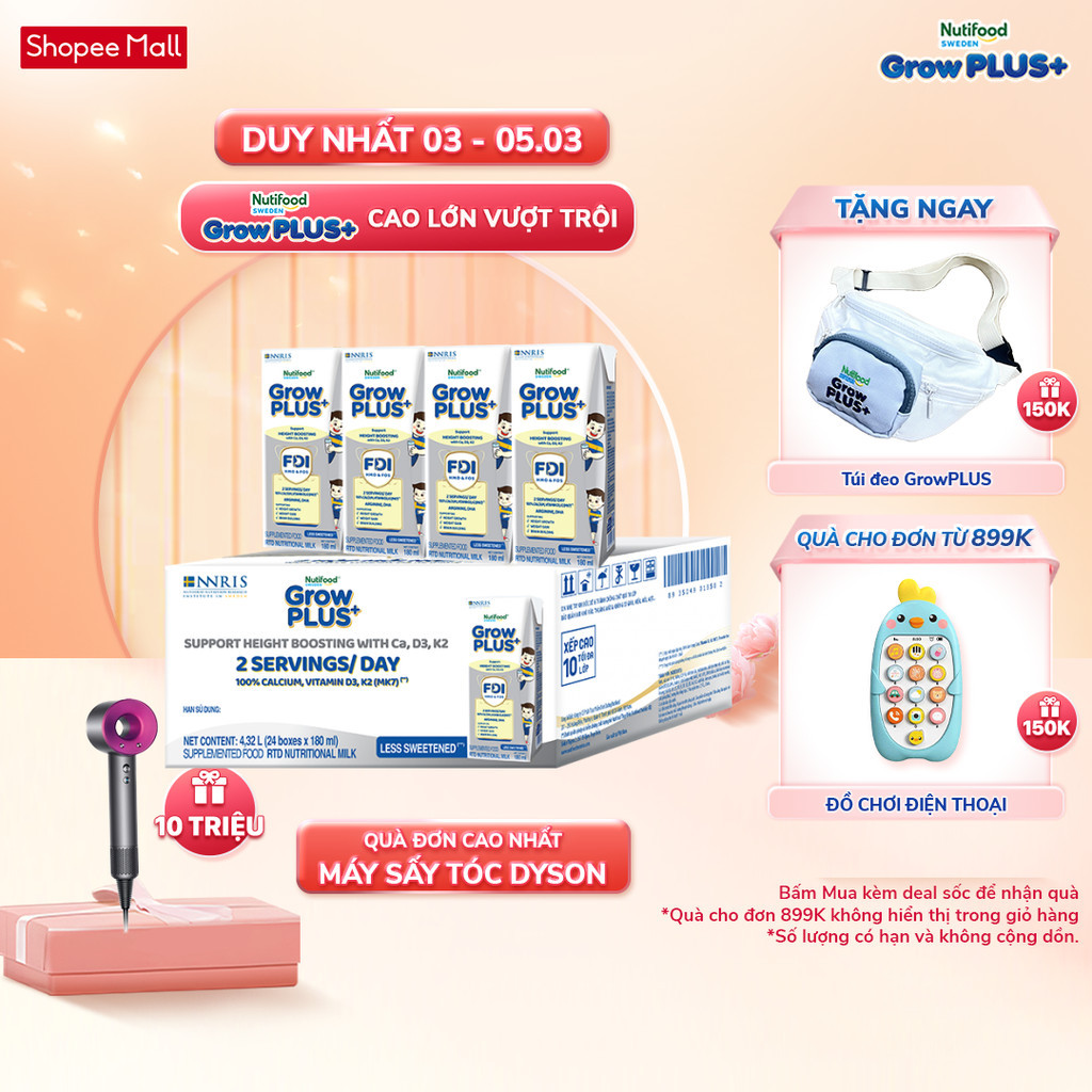 Thùng 24 hộp Sữa Bột Pha Sẵn Nutifood Sweden GrowPLUS+ Cao lớn vượt trội hộp 180 ml