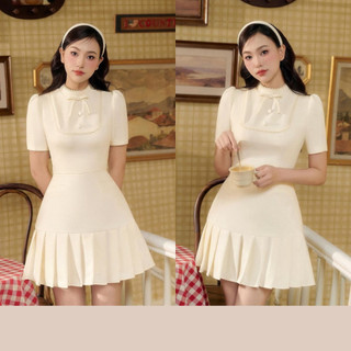 Váy Trắng Tiểu Thư KANGSOOSTORE , Hàng Thiết Kế Đính Nơ Cổ, Đuôi Váy Xếp Ly Đẹp Sang Trọng NT24 KN6969
