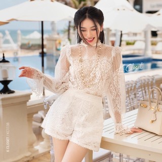 Set áo sơ mi nữ tay dài và quần short ren phối lưới cao cấp, thời trang thiết kế K Closet - KC1138