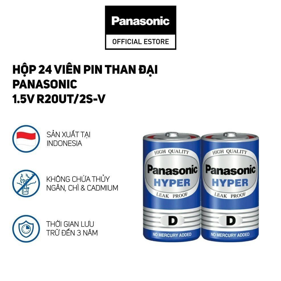 Hộp 24 viên Pin Than Đại Panasonic 1.5V R20UT/2S-V (Xanh) - Hàng Chính Hãng