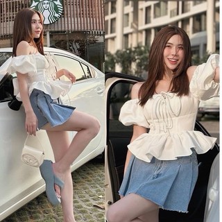  Áo trắng Tay Phồng Khóa Sau Dolldiva Top