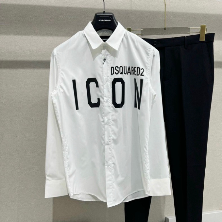 Áo sơ mi trắng nam dài tay Dsq2 vải lụa thô in chữ Dsquared Icon siêu hot dành cho các boy phố.