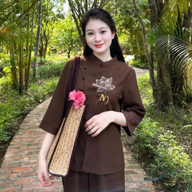 Hàng loại 1 Đồ lam đi chùa nữ chất vải linen cao cấp nút gài thêu hoa sen Thiên Di - Pháp phục đi chùa nữ dành cho nữ ph