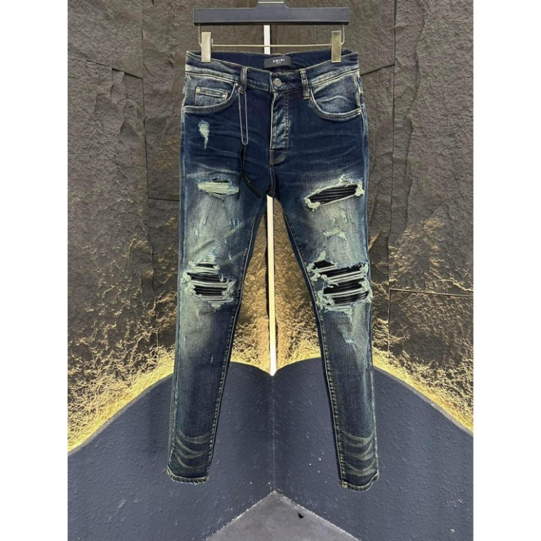 Quần jean bò nam skinny Amiri likeauth xanh thẫm mài rách xù đùi gối vá da nhăn gân đen cứng 4 cúc cực ngầu cực hot