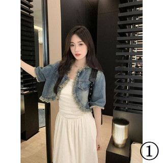 Retro Tính Khí Sang Trọng Tua Rua Frayed Ngắn Tay Denim Áo Khoác Ngắn 2023 Đầm Xuân Hè Rời Ôm Hơn Nhìn