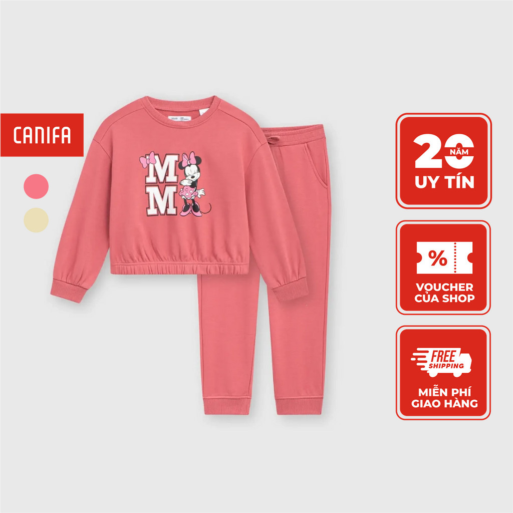 Bộ quần áo bé gái in hình Minnie CANIFA chất liệu nỉ cotton pha giữ ấm, phom dáng thoải mái cho bé 1ST23W004