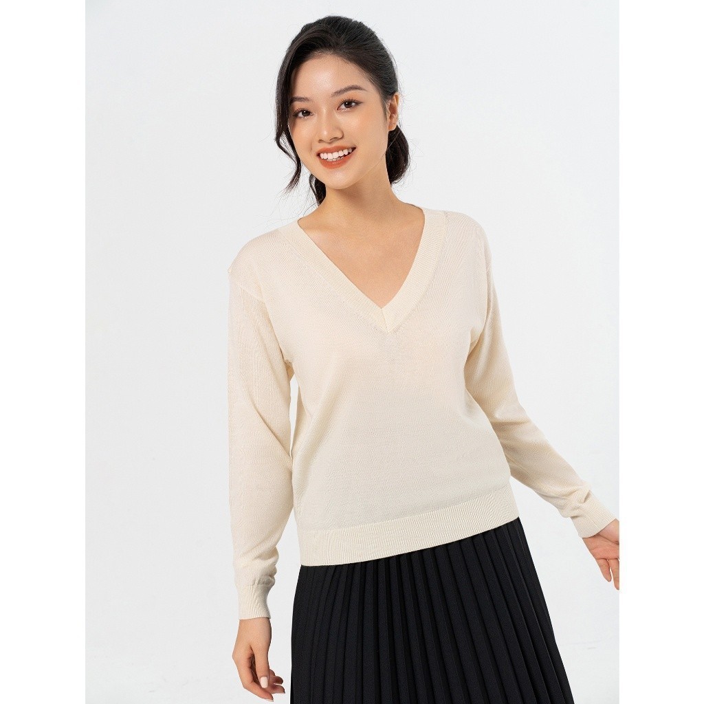 Áo len nữ CANIFA dài tay cổ tròn cotton mỏng basic ML23 6TE23W012