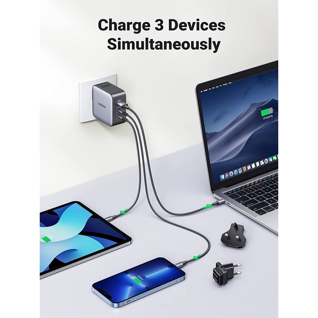 Củ sạc máy tính/ điện thoại UGREEN CD296 65W USB C 3 cổng Sạc Nhanh|GaN|chân cắm US/UK/EU gập được| BH 18 tháng 1 đổi 1