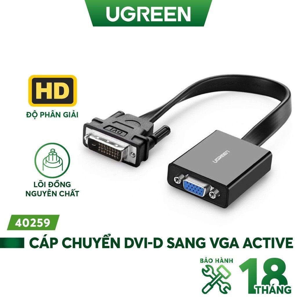 Cáp chuyển tín hiệu DVI-D sang VGA ACTIVE- dài 20CM - UGREEN 40259 (đen) - Hàng phân phối chính hãng - Bảo hành 18 tháng