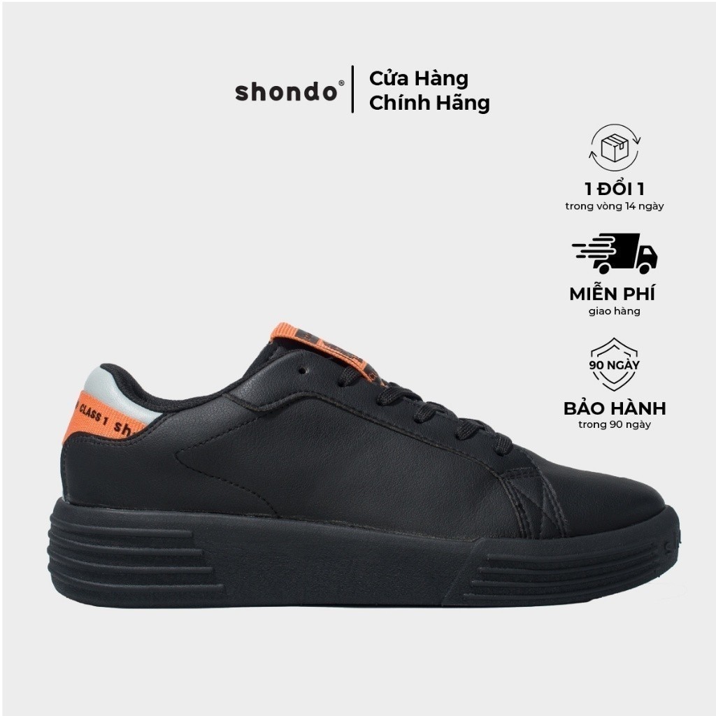 Giày Thể Thao Sneaker Độn Đế Nam Nữ Shondo Class 1 Đen Phối Dây Cam Bền Nhẹ SND1212