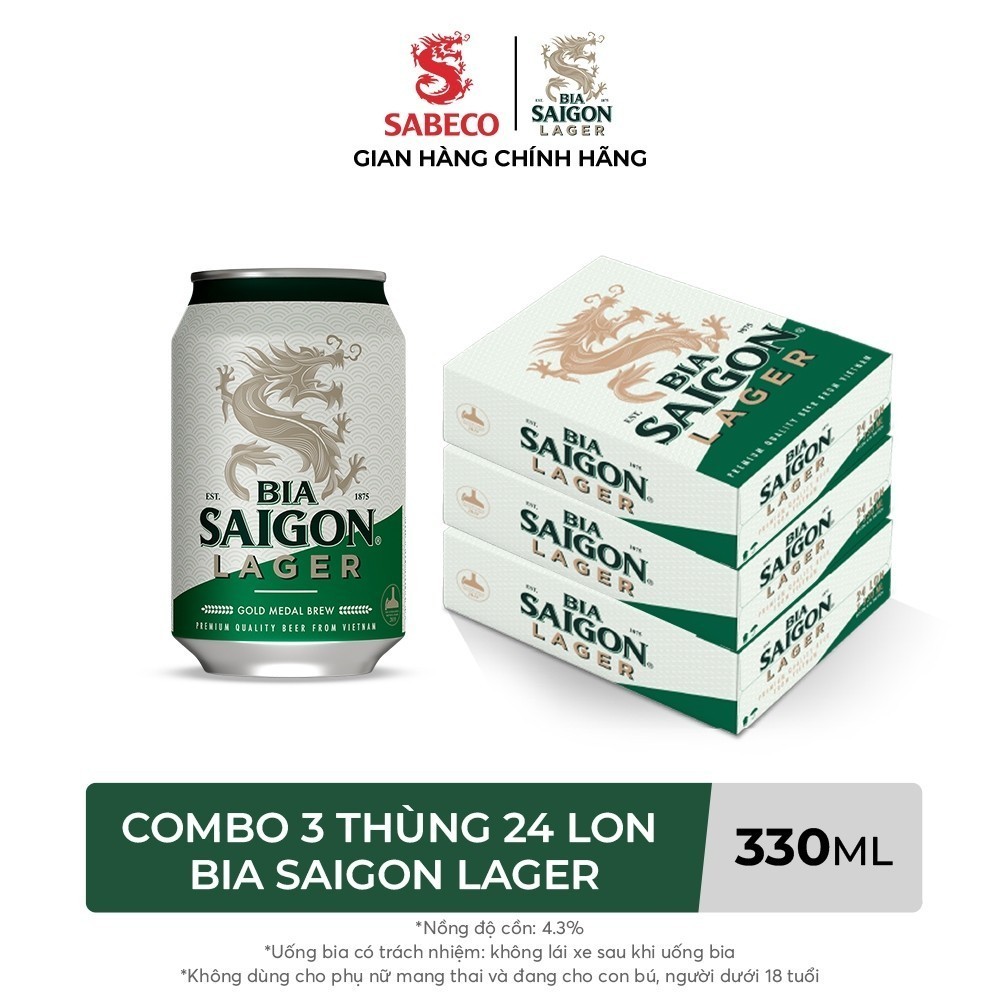 Combo 3 Thùng Bia Saigon Lager 330ml x 24 lon