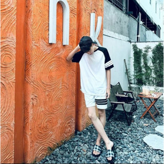 Sét Bộ Cộc Thể Thao thom 3 Sọc Phối Đen Trắng