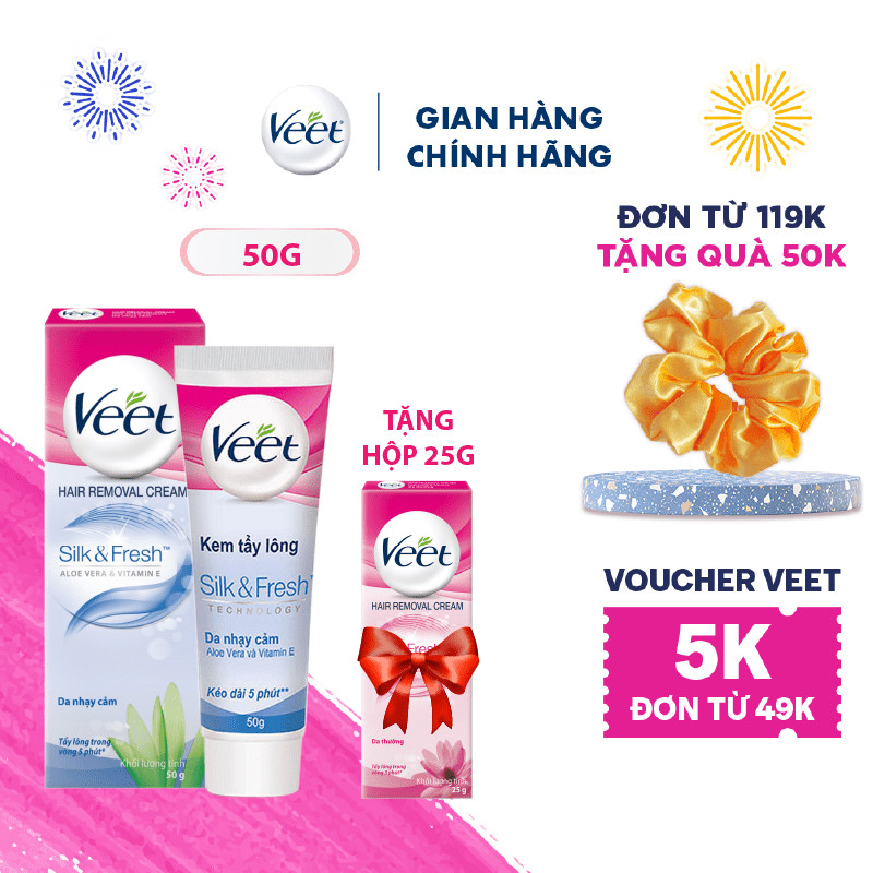 [Mua 1 tặng 1] Kem tẩy lông cho da nhạy cảm Veet Silk Fresh 50g - Tặng Kem tẩy lông cho da thường 25g