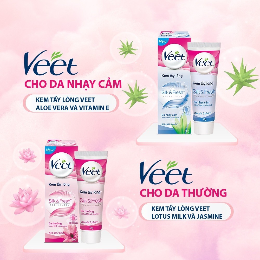 [Mua 1 tặng 1] Kem tẩy lông cho da nhạy cảm Veet Silk Fresh 50g - Tặng Kem tẩy lông cho da thường 25g