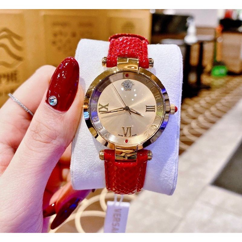 Đồng Hồ Nữ Versace Mặt Tròn Dây Da Máy Quartz  Thuỵ Sỹ Cao Cấp