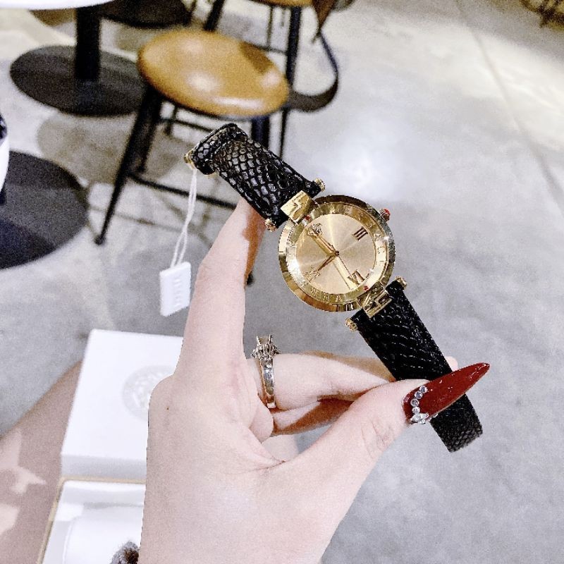 Đồng Hồ Nữ Versace Mặt Tròn Dây Da Máy Quartz  Thuỵ Sỹ Cao Cấp