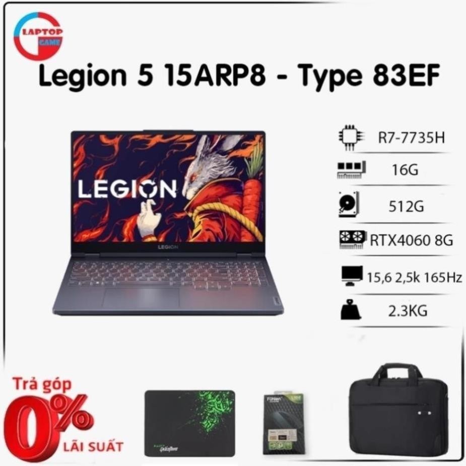  Laptop Legion 5 15ARP8 - RTX 4060-8GB, Ram 16GB, SSD 512GB, Màn 15,6' 2,5K 165Hz  NK44
