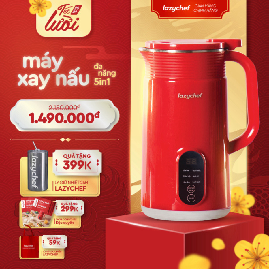 Máy Xay Sữa Hạt 5in1 Lazychef LC-01SH, Dung Tích 800ml, Hàng Chính Hãng, Tặng Sách Và Túi Vải và cốc giữ nhiệt