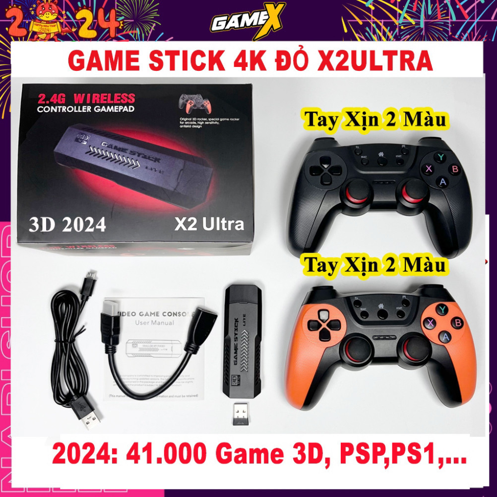 Game Stick 4K Đỏ X2 Ulltra 2024 Tay Xịn 2 màu 41.000 Game 3D PSP, PS1,... Bộ Máy Chơi Game Cầm Tay Kết Nối tv