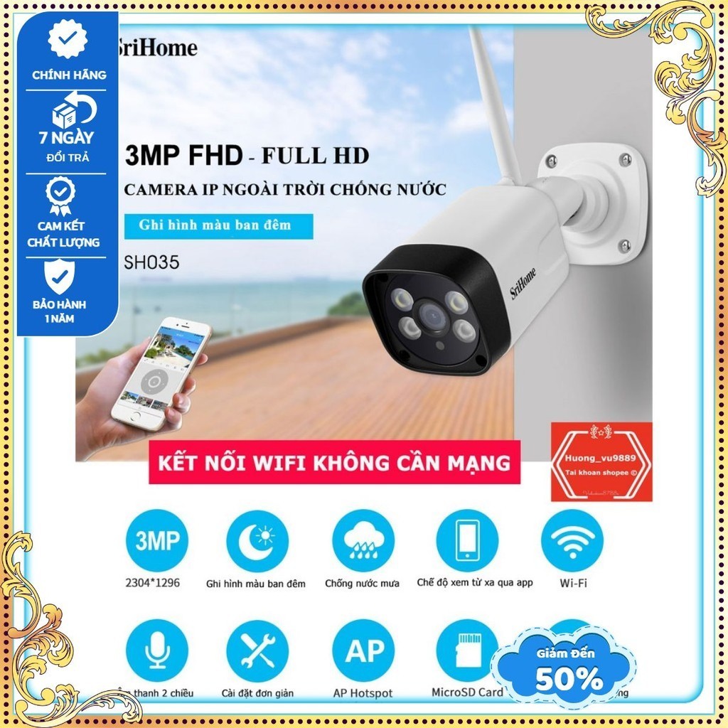 Camera Wifi Ip SRIHOME 3.0 Model SH035 FUllHD 1296 MP - Camera Ngoài Trời Quay Đêm,Chống nước, Cảnh báo chuyển động