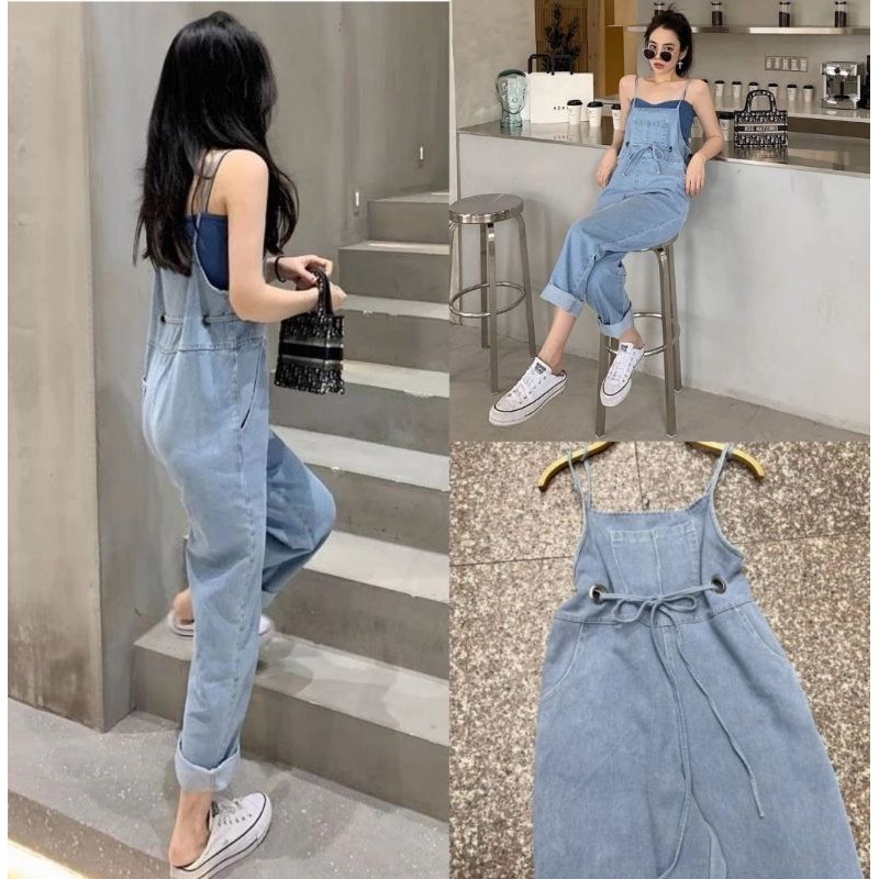 Quần Yếm Denim Dây Bản Nhỏ Mix Rút Eo Thắt Nơ Size S M - Halinh Shop - Quần Yếm Bò Nữ Xinh Mặc Mùa Hè Cá Tính