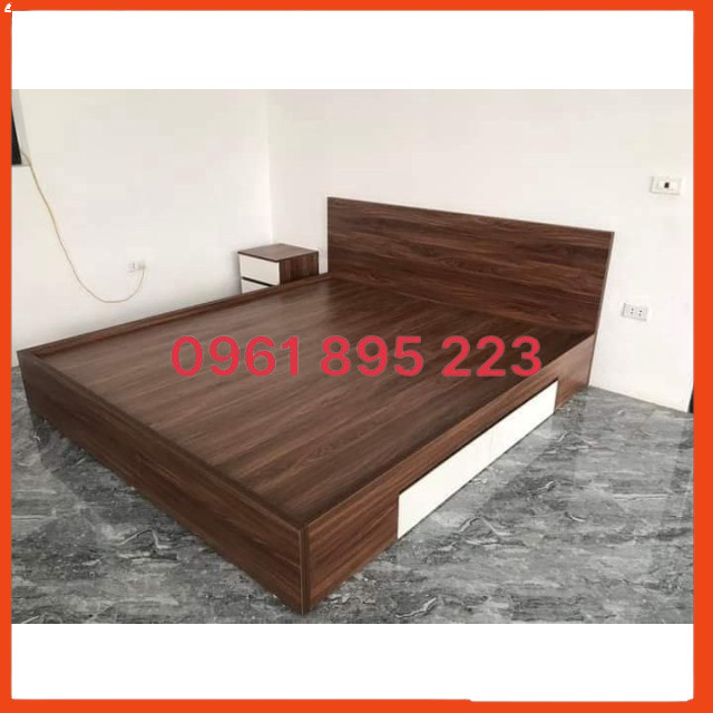 Giường ngủ gỗ công nghiệp - 1m2 x2m  (có ngăn kéo và kèm 2 chỉ trắng)
