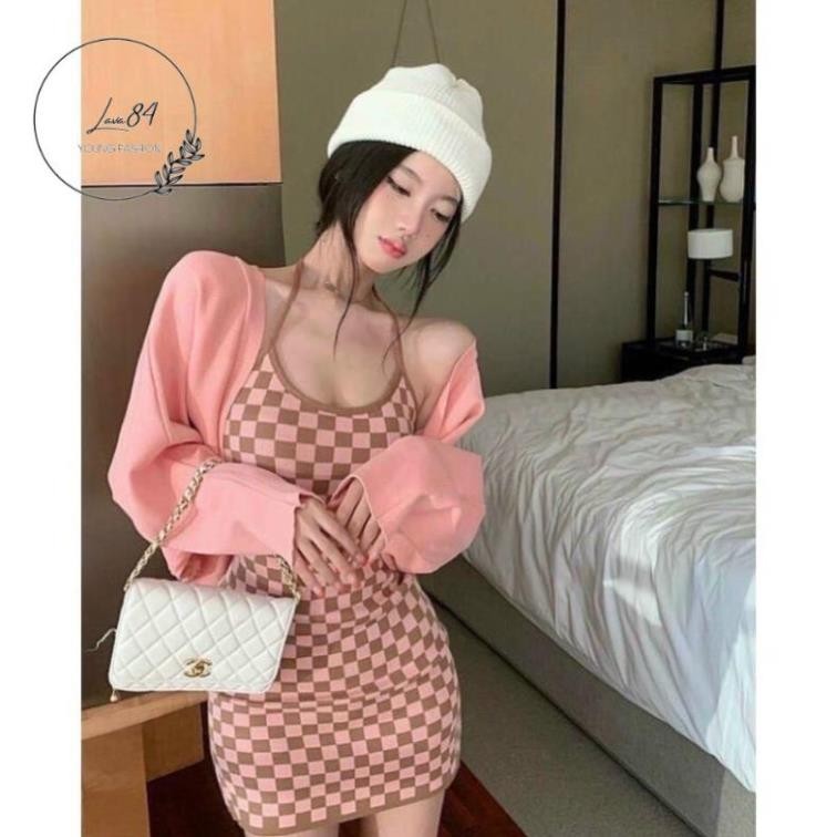 Đầm yếm sọc caro kèm áo khoác CARDIGAN (MSP: LV012)